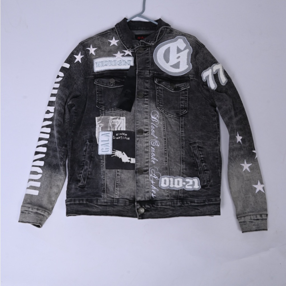 Men's Distressed Black Denim Jacket with White Graphics